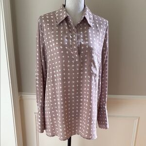 Pleione Women L Tan Beige Popover Blouse Polka Dot